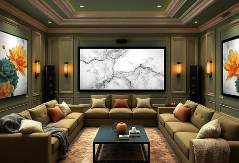 Basement Finishing Home Theater in green with a green sectional