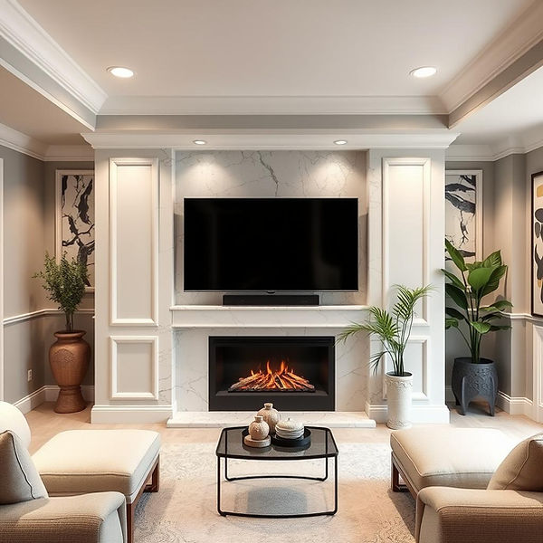 Interior Decorating. A white focal wall with sides framed out abstract pictures on the walls, plants in the corners and white furniture