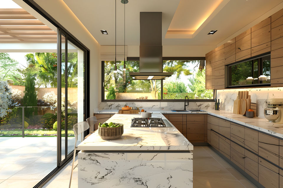 Neutral modern kitchen featuring marble countertops and natural wood cabinetry in a rear extension design.