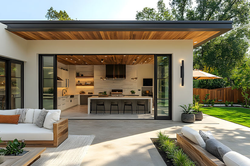 Modern kitchen opens to patio.