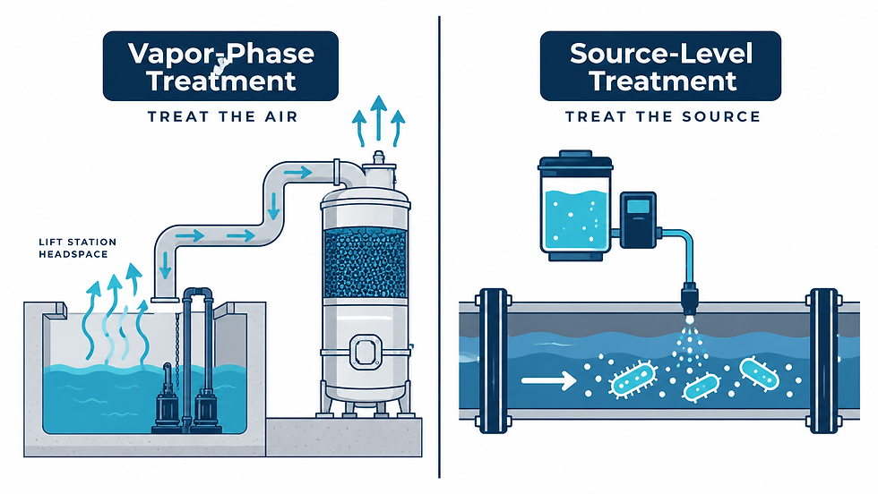 Comparison diagram of vapor-phase odor treatment using a biotrickling filter versus source-level biological treatment dosing bacteria directly into wastewater pipes for hydrogen sulfide and sewer odor control.