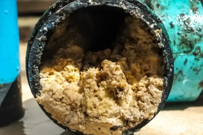 Sewer pipe cross-section completely blocked with hardened fats, oil, and grease buildup