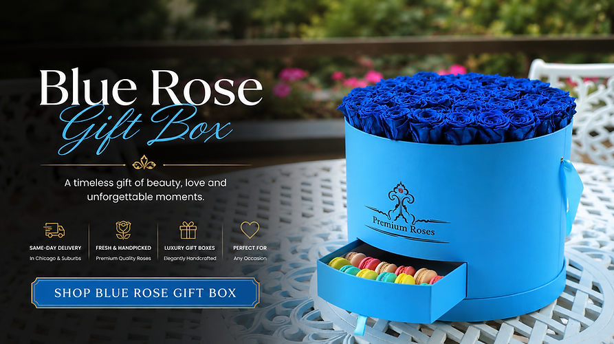 Blue rose gift box with macarons for baby shower gifts and same-day flower delivery in Chicago by Premium Roses