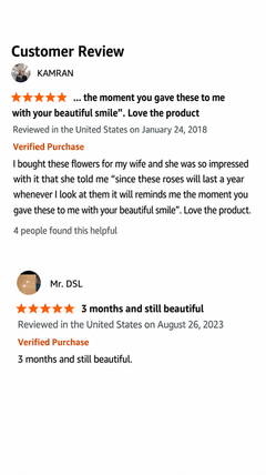 Real Premium Roses customer reviews highlighting long-lasting roses, quality, and customer satisfaction.