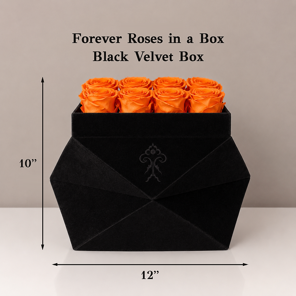Thumbnail: Orange preserved roses in a black velvet gift box, 12x12x10 dimensions
