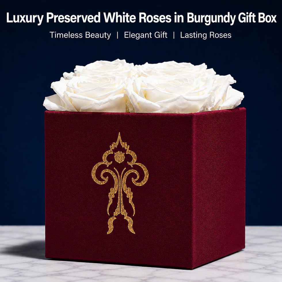 Luxury preserved white roses in burgundy gift box lasting up to 365 days