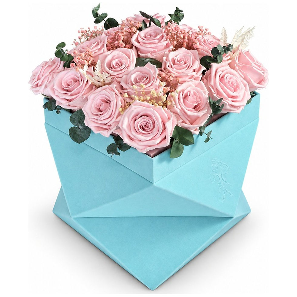 Turquoise Z geometric folded rose box with pink preserved roses, Premium Roses Chicago