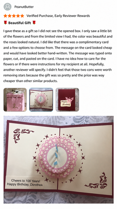 Premium Roses customer review featuring a premium pop-up greeting card included with the rose gift box.