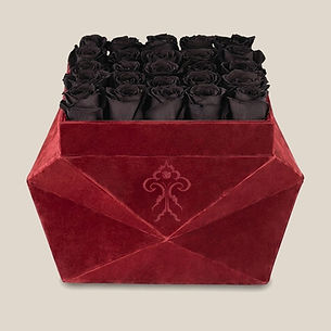 Twenty-five black preserved roses in a burgundy velvet folded gift box