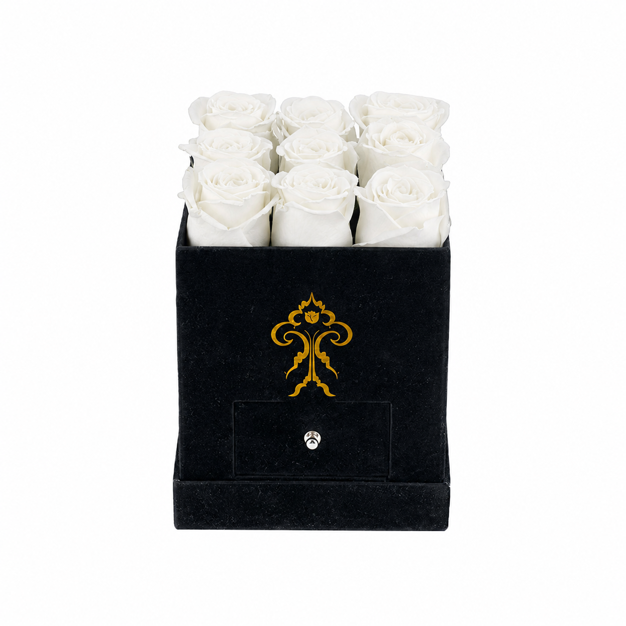 White preserved roses in luxury velvet box gift arrangement