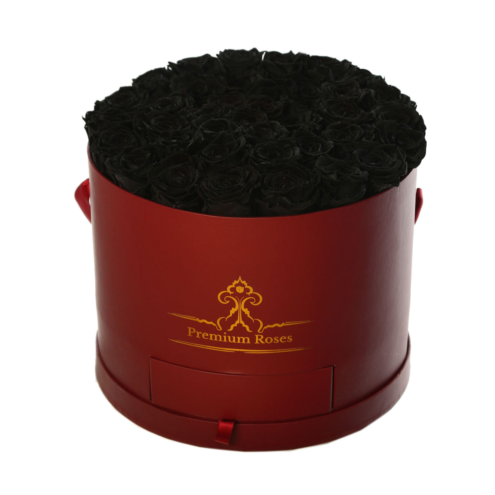 Black preserved roses in a round velvet gift box, real forever roses