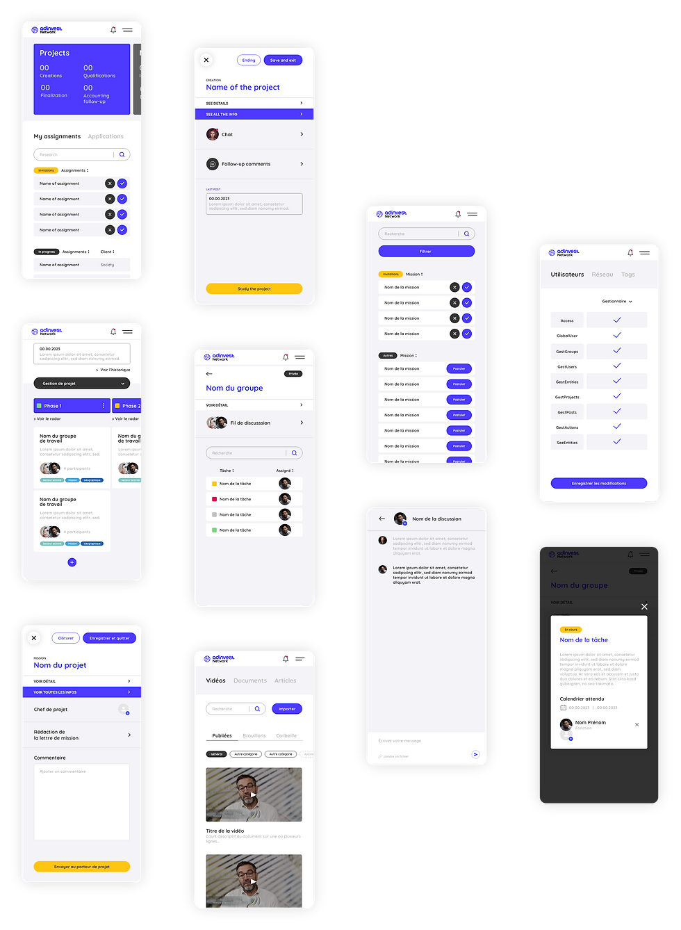 Aperçu des écrans finaux réalisés pour le projet d'application AdInvest