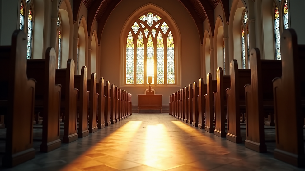 Eye-level view of a quiet chapel with sunlight streaming through stained glass windows