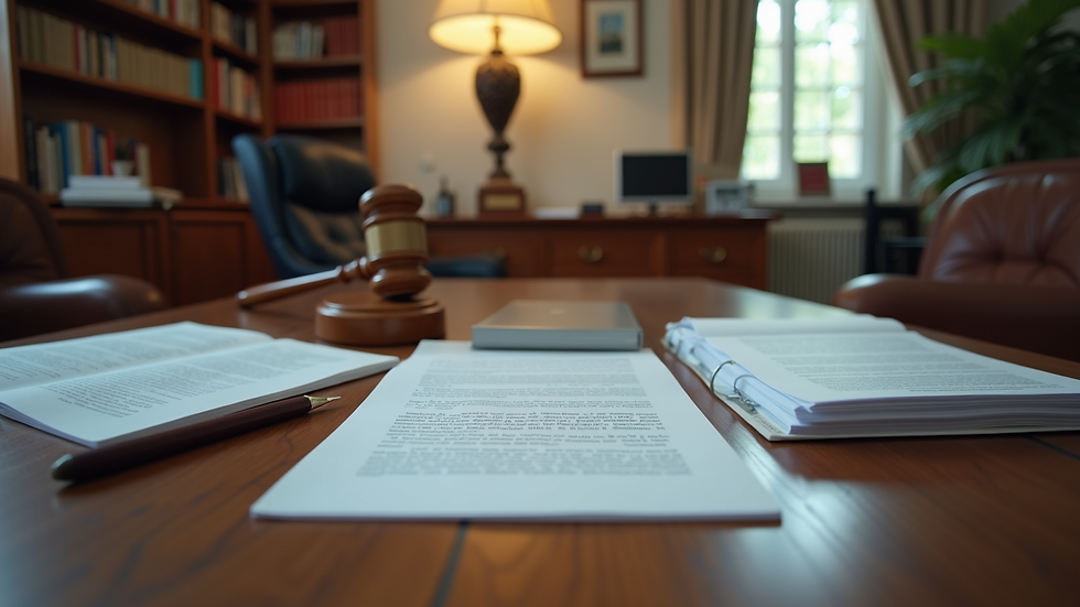 Wide angle view of a law office with legal materials