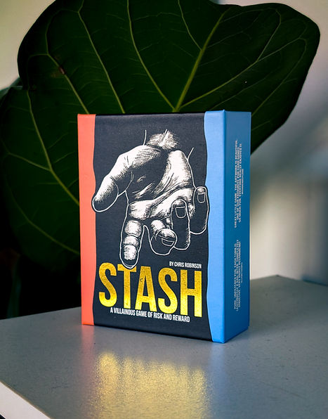 Detailed view of STASH box art showcasing a family-friendly and easy-to-learn card game for 2–4 players. With vibrant hand-drawn illustrations and a portable design, STASH combines fun, accessible gameplay with light strategy, making it ideal for families, friends, and casual game nights.
