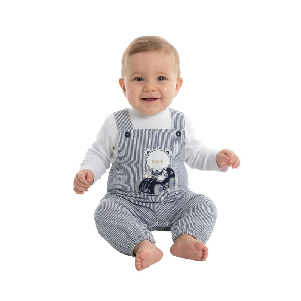 Jardineira bebé estampado urso riscas