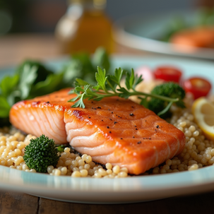A dish with grilled salmon on a bed of rice and vegetables