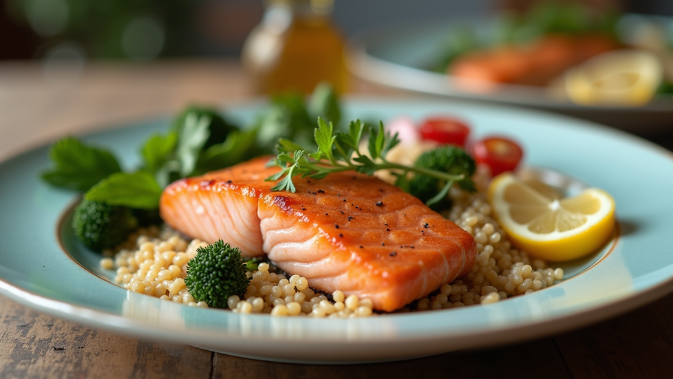 A dish with grilled salmon on a bed of rice and vegetables