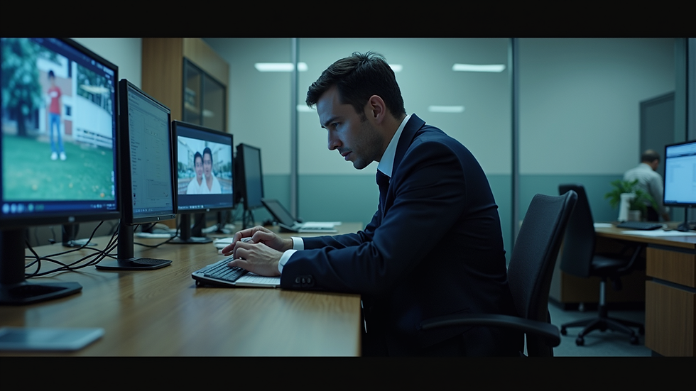 Eye-level view of a private investigator reviewing surveillance footage in an office