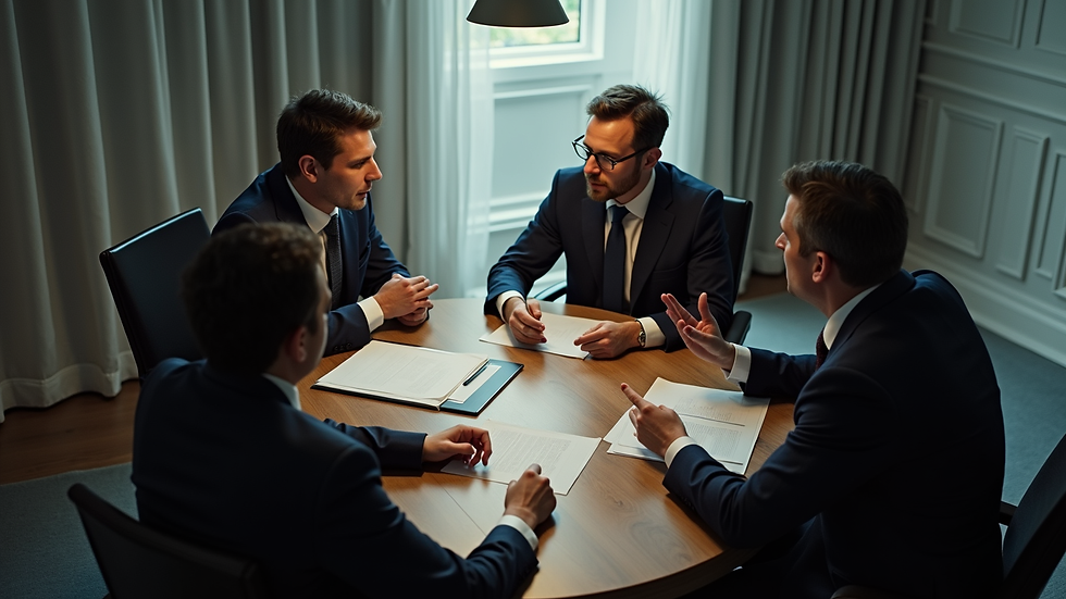 High angle view of a meeting between a client and a private investigator discussing case details