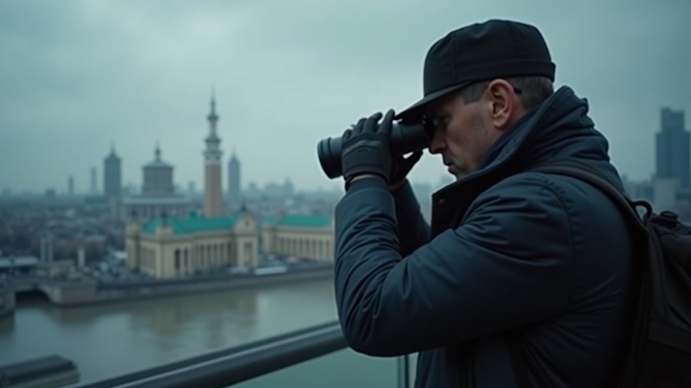 Eye-level view of a private investigator monitoring a location with binoculars