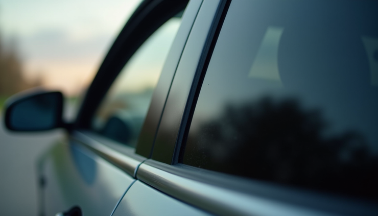 Close-up view of car window with freshly applied tint film