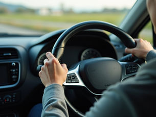 Learner driver holding steering wheel during driving lesson