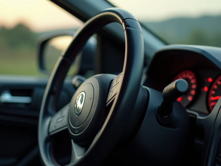 Close-up of a car's steering wheel, emphasizing safety controls and equipment.