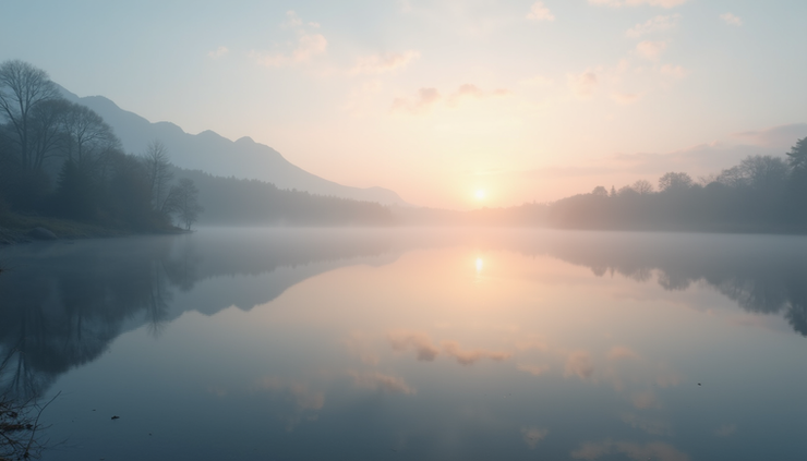 Eye-level view of a calm lake reflecting soft morning light