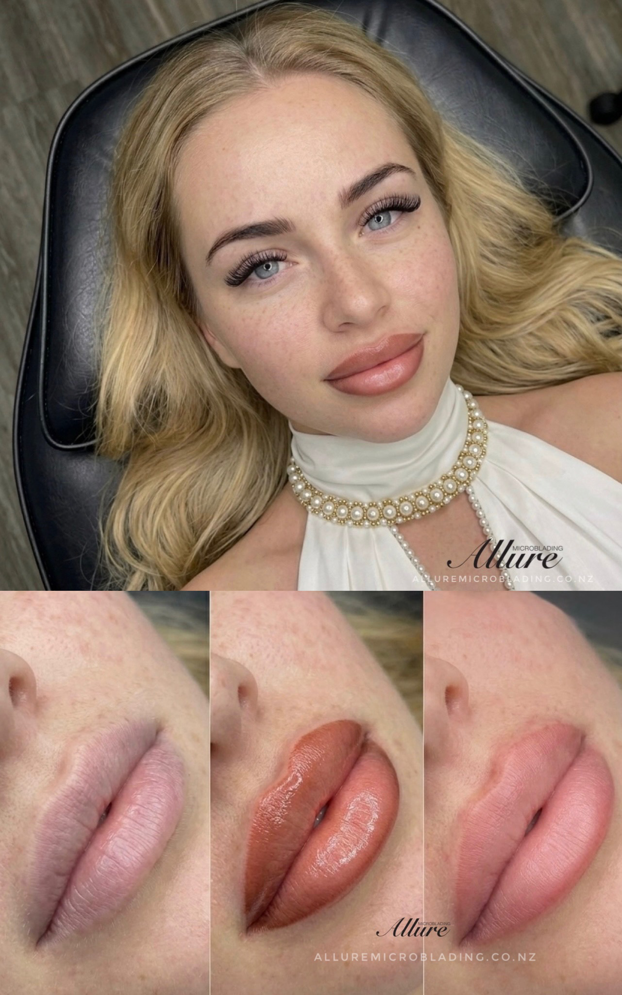 Ombré lip blush progression: before, immediately after with gloss, healed result