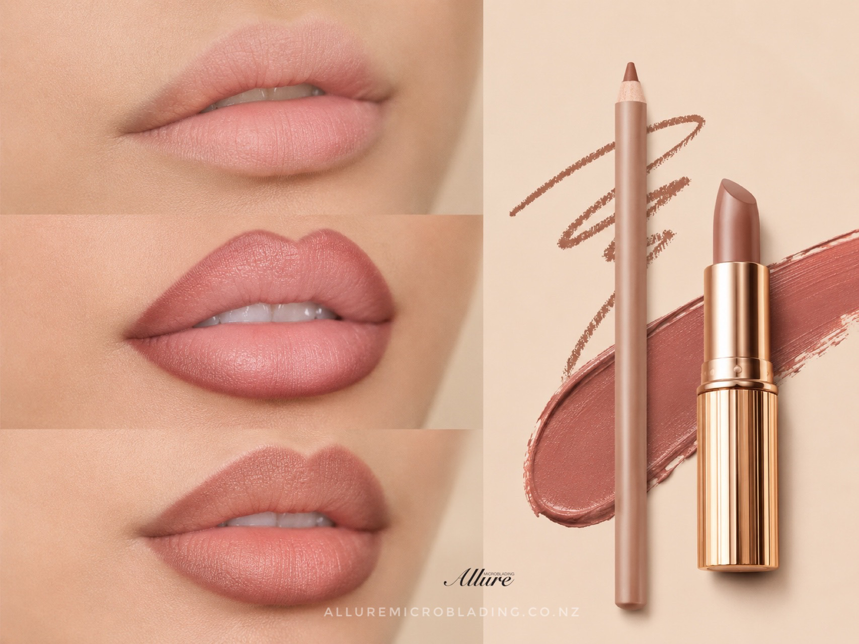 Allure client with healed ombré lip blush, defined gradient in warm nude