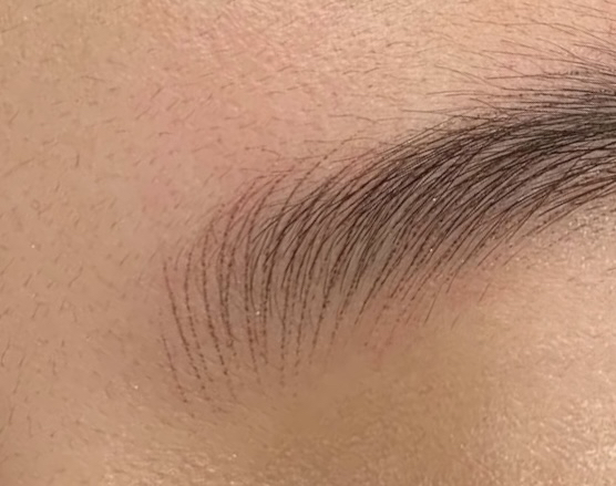Nano brow machine hair stroke close-up — layered realistic strokes, Auckland