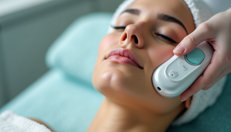 Close-up view of a skincare treatment device targeting facial redness