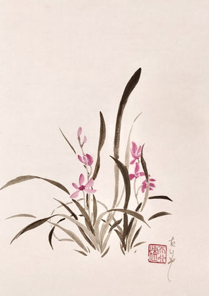 wild orchid ink painting with on paper. Titled 'One Life Time One Meeting'. Painted by artist Talia Lehavi