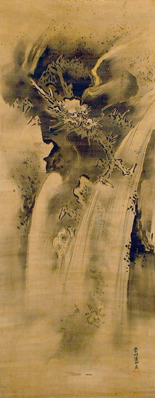 dragon and waterfall Japanese ink painting on silk