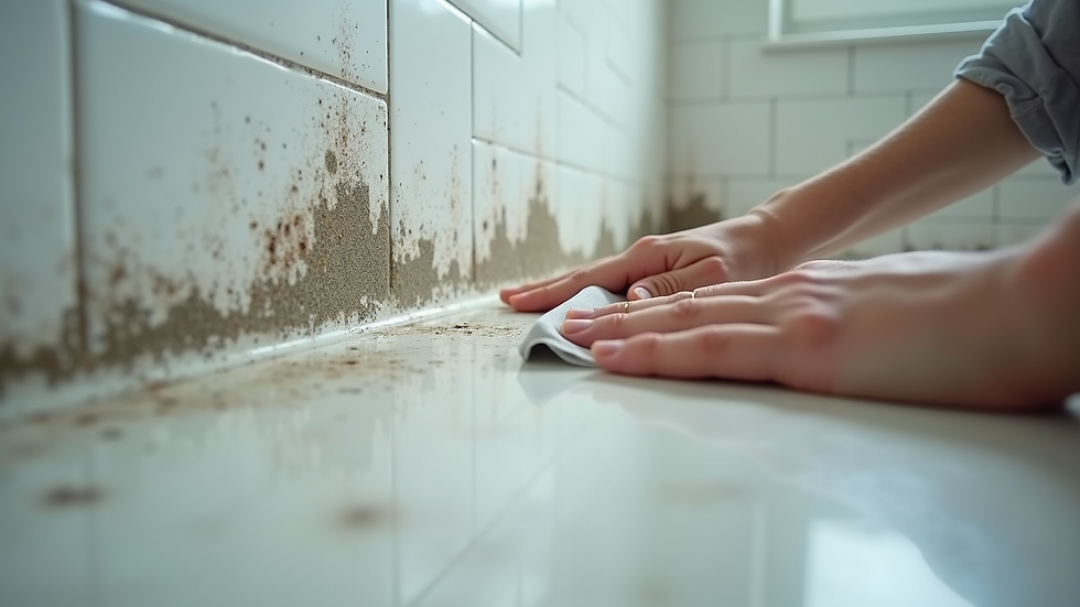 Eye-level view of a person cleaning mold from a bathroom tile