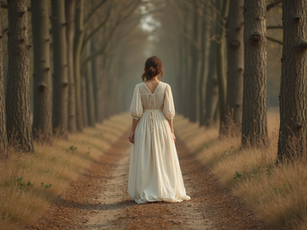Femme en robe vintage se promenant dans une allée boisée, capturant l'élégance intemporelle de la nature et du style.