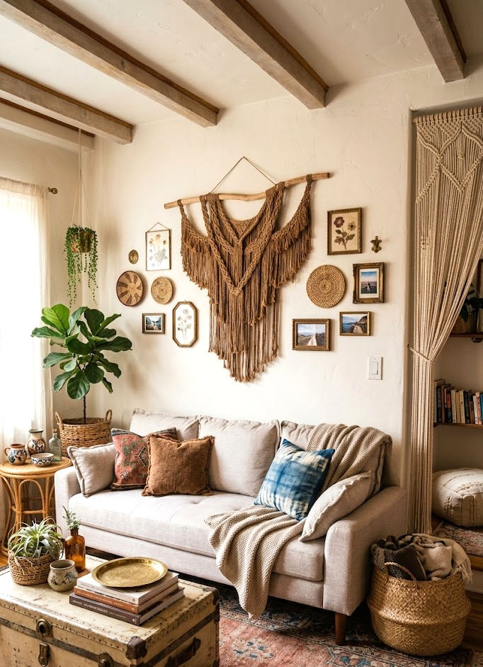 סלון מעוצב בדגם עמית עם ספה בהירה וקישוטים