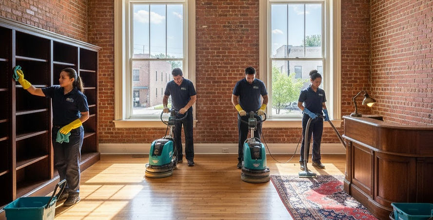 Three cleaners polishing hardwood floor with buffers and vacuum in building.