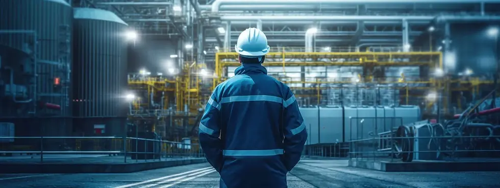 Worker wearing a hard hat and safety jacket, standing in front of an industrial facility with machinery and pipes in the background, highlighting a professional in a factory or construction setting.