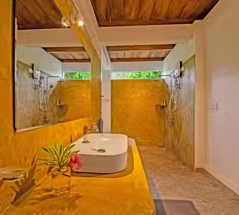 Private outdoor deck of Jungle Cabana Deluxe surrounded by jungle greenery