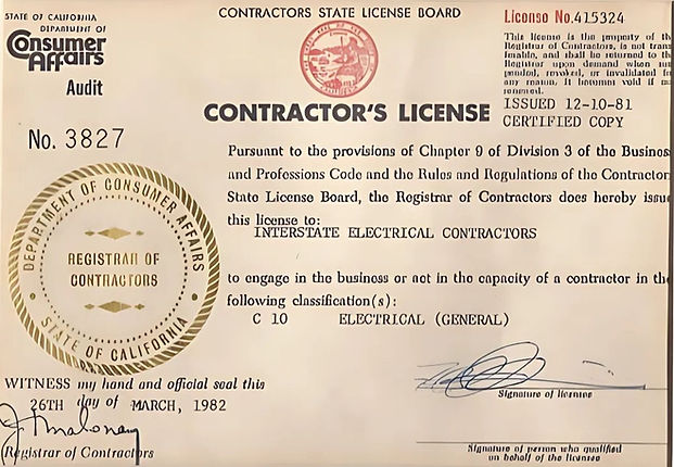 Contractor's License No. 3827, Interstate Electrical, Certified Copy, 12-10-81
