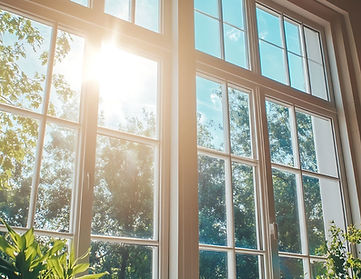 Sunlight streams through a large window, framed by white. Trees and sky.