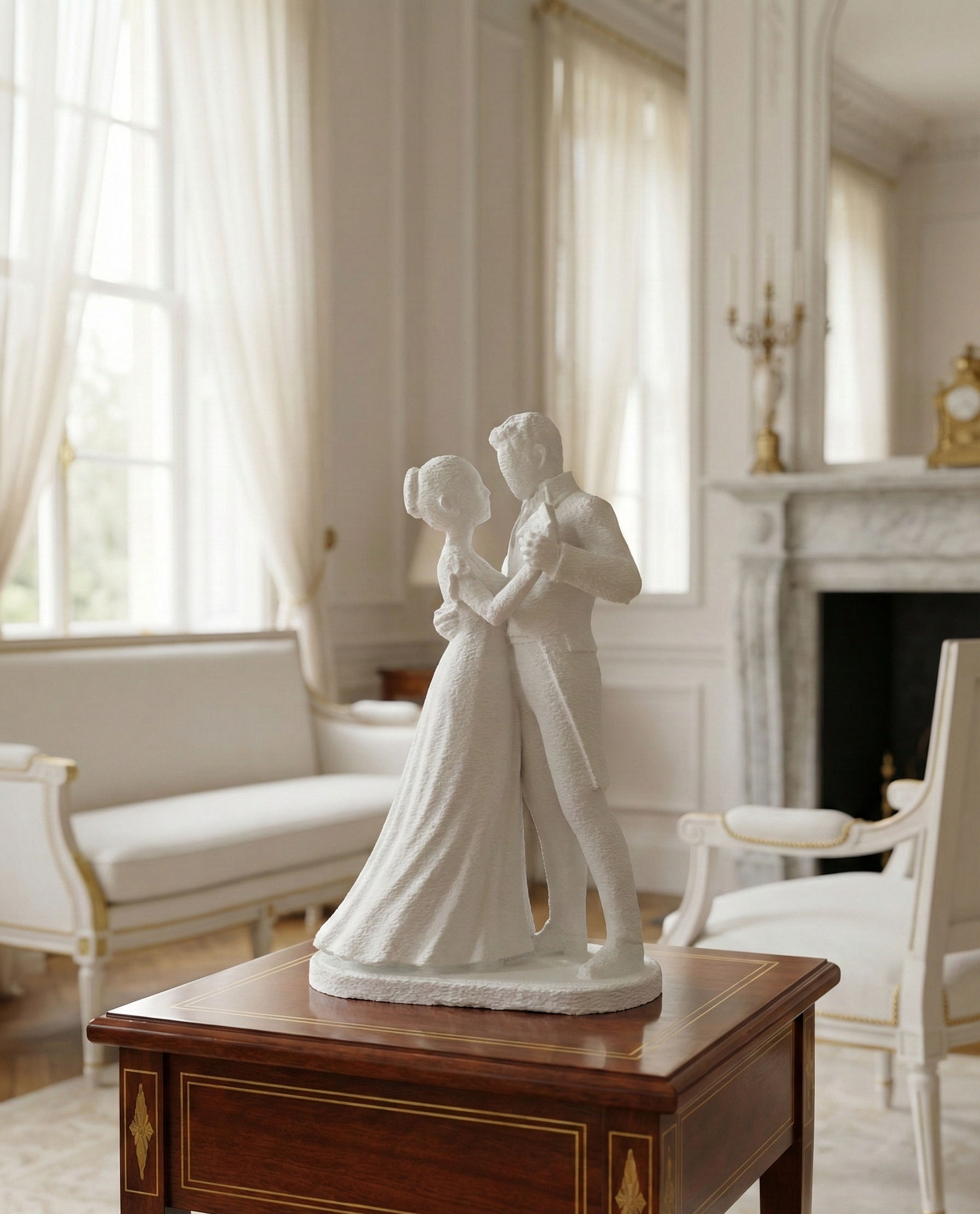 Regency decoratiebeeldje geïnspireerd op Bridgerton, twee figuren op voetstuk, minimalistische afwerking