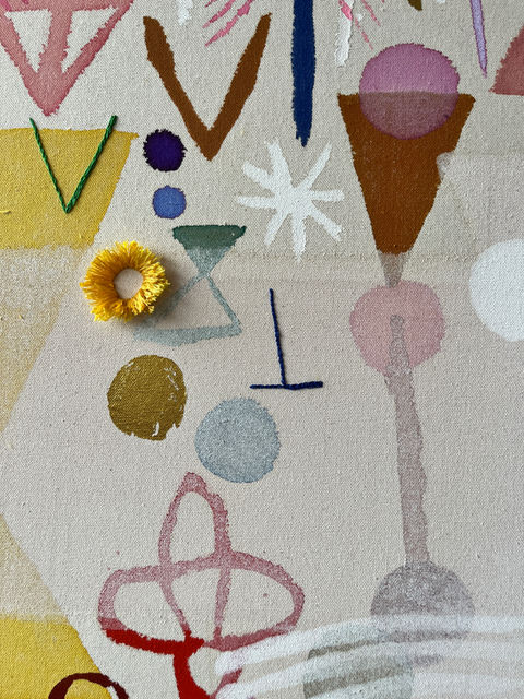 painting on  canvas of abstract forms in soft colours with embroidery embellishment
