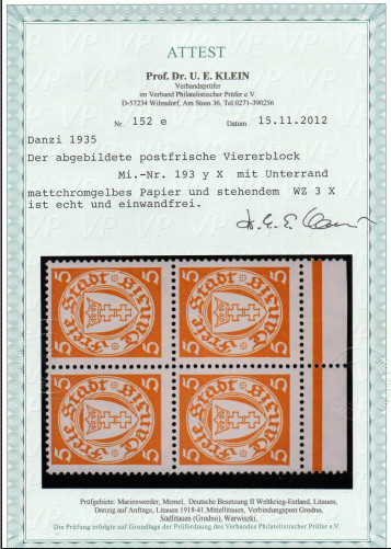 Thumbnail: Danzig  Mi.-Nr. 193 y X  Attest  Viererblock  postfrisch  (Michel 2.000€)