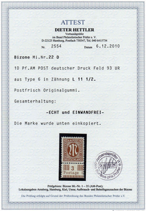 Thumbnail: AM Post  Mi.-Nr. 22D UR  Attest  postfrisch  (Michel 500€)