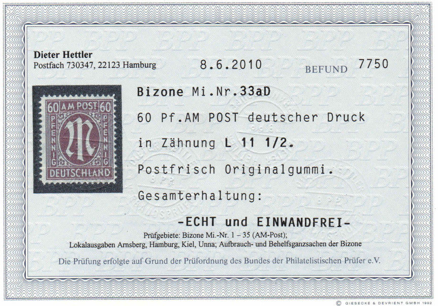 Thumbnail: AM Post  Mi.-Nr. 33aD  Befund  postfrisch  (Michel 150€)
