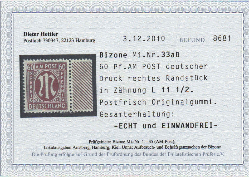 Thumbnail: AM Post  Mi.-Nr. 33aD  Befund  postfrisch  (Michel 150€)
