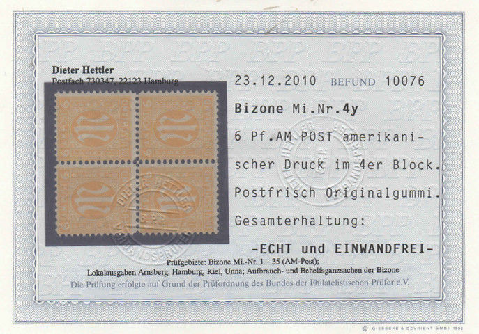 Thumbnail: AM POST Mi.-Nr. 4y Befund Viererblock postfrisch (Michel 140€)